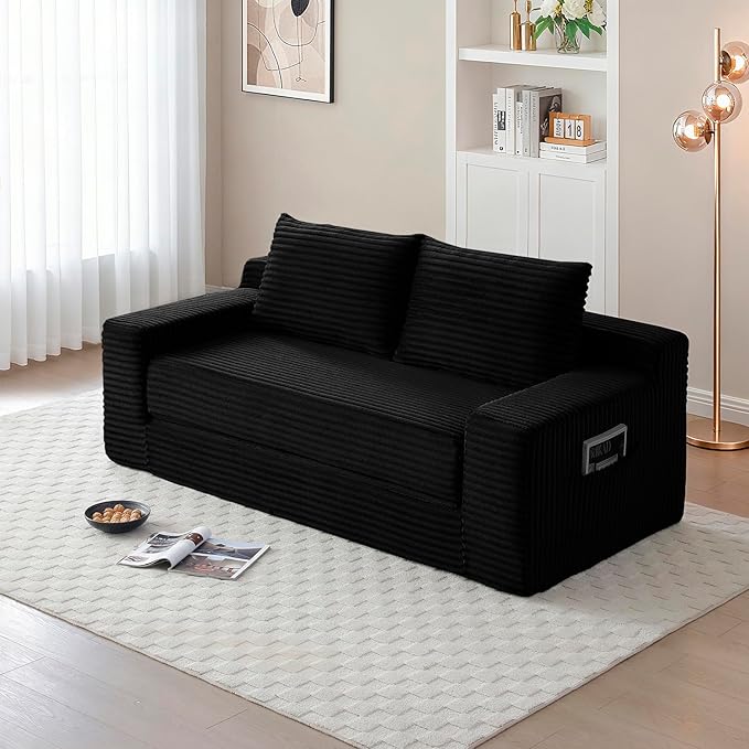 73 Memory Foam Cloud Loveseat Sofa 2 in 1 Convertible Folding Couch Bed Compressed Corduroy Floor Lounge Sofa No Assembly for Apartment Office Bedroom Living Room (Black)