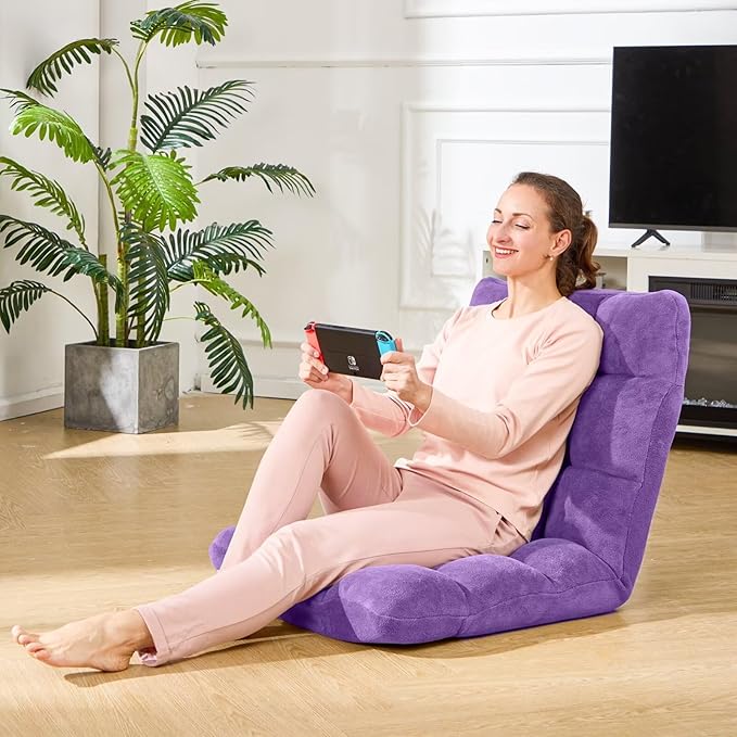 Folding Floor Gaming Chair Adjustable 14-Position Backrest 6-Inch Thick Flannel and Skin-Friendly Cotton Sponge Breathable Ideal for Gaming Meditating Sleeping Purple