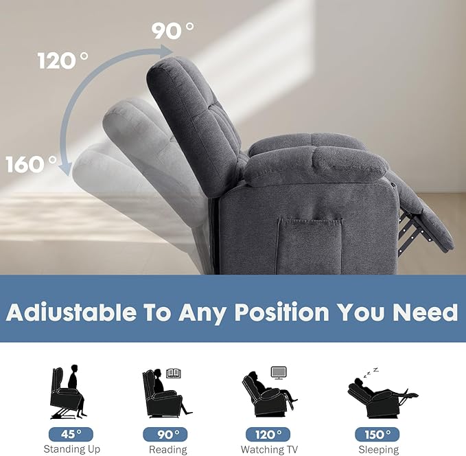 DUMOS Power Lift Recliner Chair with Vibration Massage and Heat for Elderly Ergonomic Overstuffed Breathable Fabric Reclining Chair with 3 Pockets Remote Control Living Room Bedroom Grey