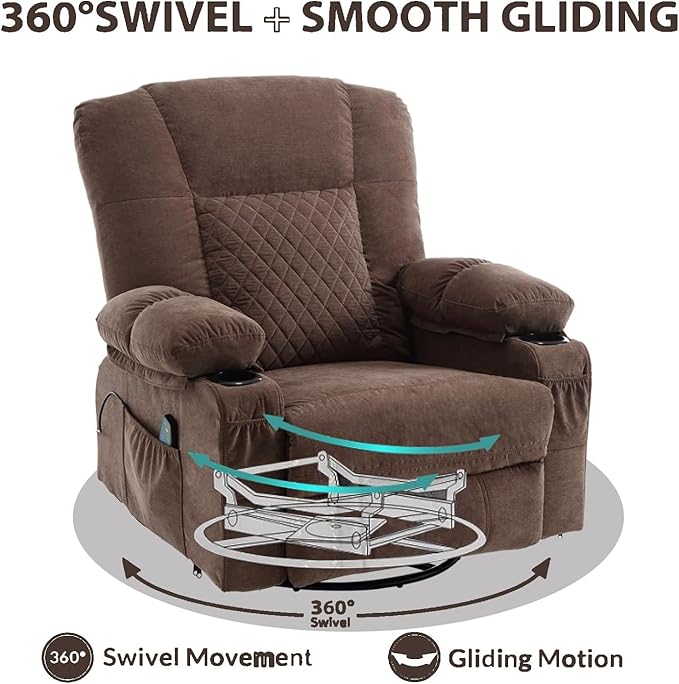 Oversized Rocker Recliner Chair with Massage and Heat Overstuffed Fabric Swivel Recliners Lounge Chairs for Adults Manual Home Theater Recliner with Cup HoldersUSB Charge PortBrown