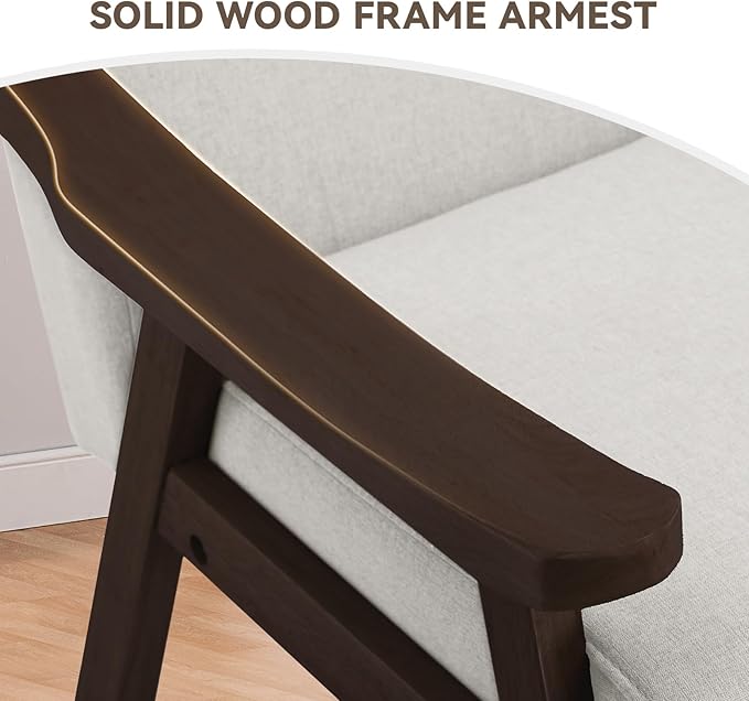 COMHOMA Accent Chair Mid Century Modern Chair with Solid Wood Armrest Comfy Upholstered Reading Armchair for Living Room Bedroom Balcony (Brown Curved Armrests Beige)