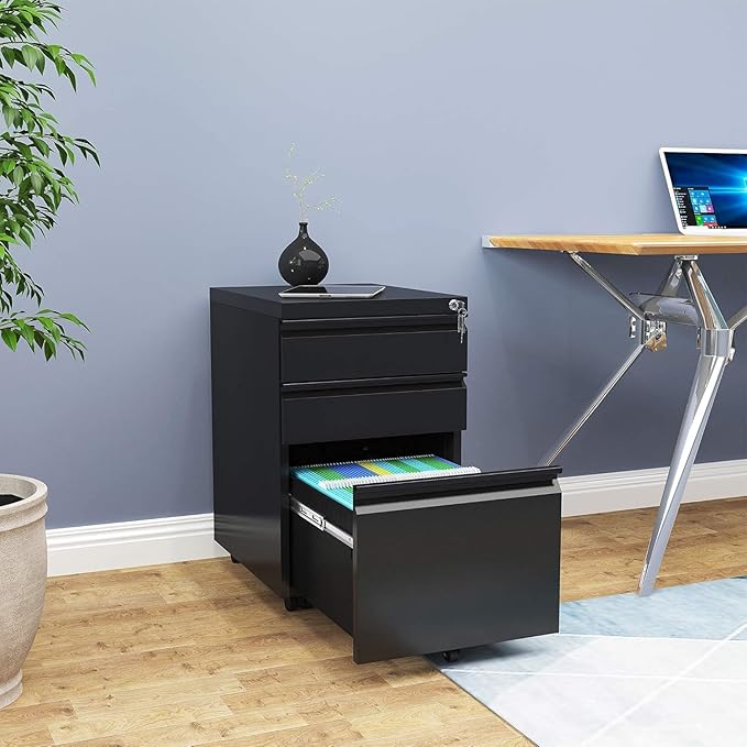 YITAHOME 3-Drawer Rolling Filing Cabinet Office Drawers Lockable Office Storage Cabinet with Hanging Bars and Pencil Tray Pre-Assembled Metal File Cabinet Under Desk (Black)