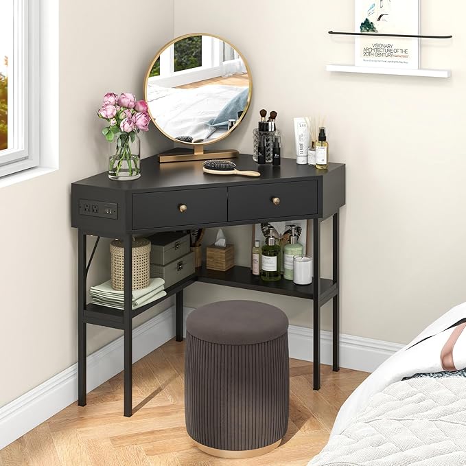 Tangkula Corner Desk with 2 Drawers &amp Built-in Charging Station 90 Degrees Triangle Computer Desk for Small Space Bedroom Makeup Vanity Desk with Storage Shelves Corner Writing Desk