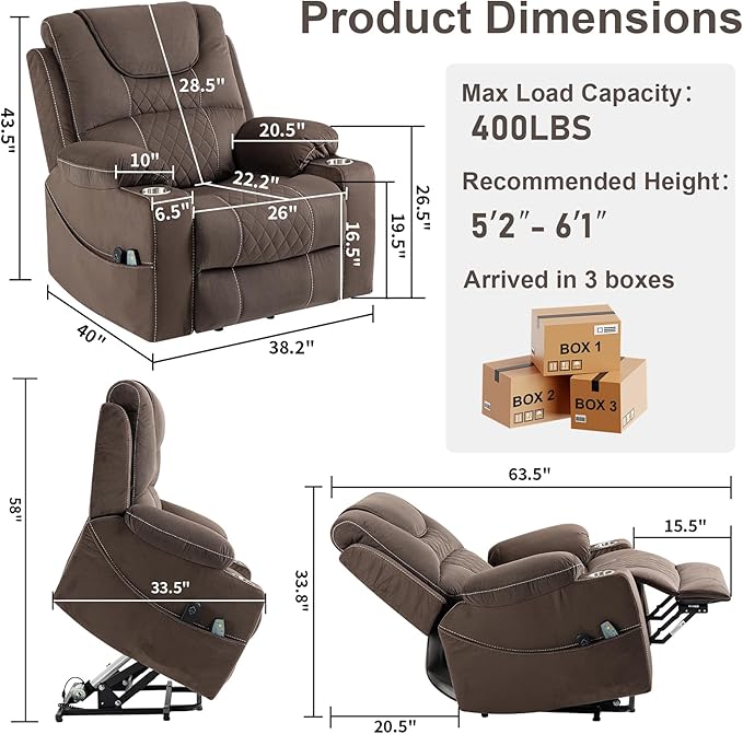 Oversized Power Lift Recliner Chair for Big and Tall 400 LBS Elderly 26 Large Electric Recliner Chair with Massage and Heating Lay Flat Zero Gravity Recliner Sofa Velvet Coffee Brown
