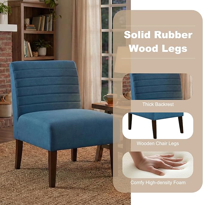 Armless Accent Chair Mid Century Modern Upholstered Living Room Chairs Accent Dining Chair Sofa with Solid Wood Legs Lounge Reading Chair for Bedroom Office (Blue)