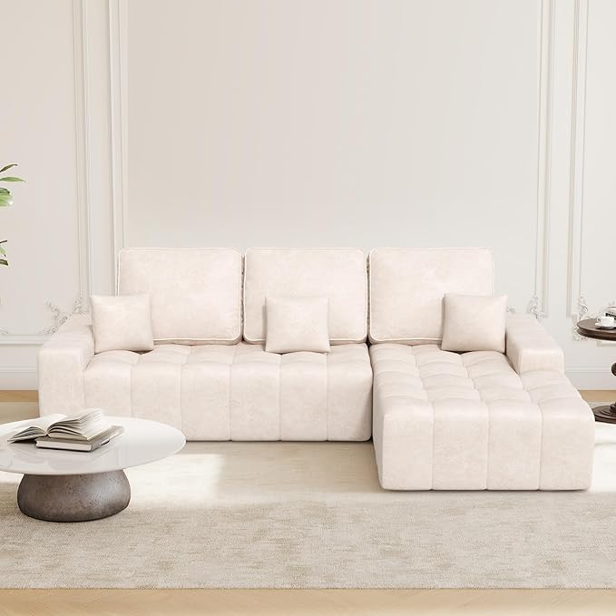 108'' Modular Sectional Sofa with Chaise Lounge L Shape Faux Leather Cloud Boneless Couch 3 Seater Deep Seat and 3 pcs Back Cushions for Living Room Bedroom(Right Facing)