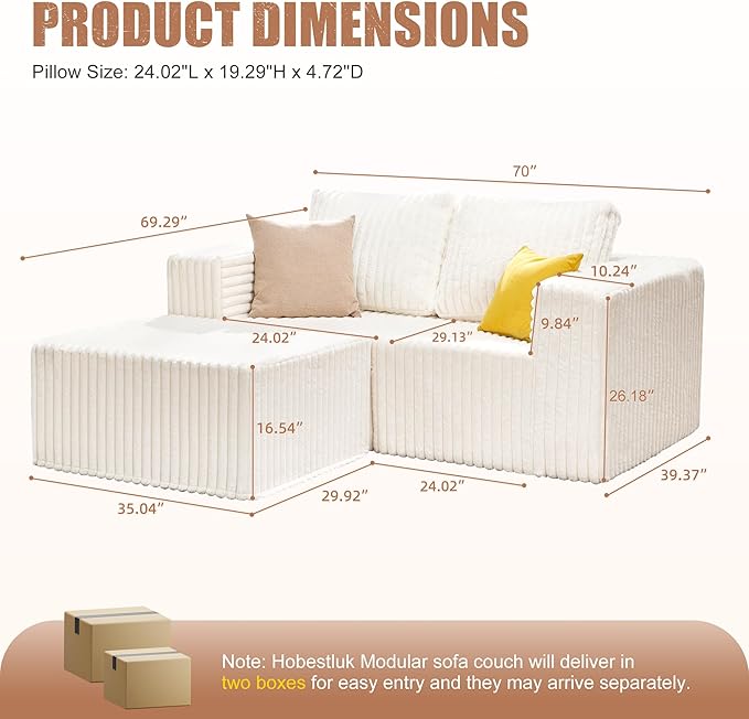 Hobestluk Modular Sectional Sofa Memory Foam Couch L Shape Sofa for Living Room Loveseat with Chaise Lounge Cloud Couch with Removable Cover (Stripe White Loveseat with Chaise)