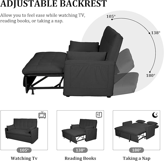 60 Pull Out Sofa Bed Linen Convertible Sleeper Couch Loveseat Chaise Lounge with Side Pockets Gray Pullout Futon Sofa Bed for Living Room Bedroom Small Spaces RV (Gray)