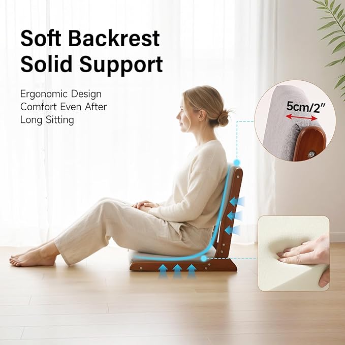 Tiita Floor Chair with Back Support Foldable Meditation Tatami Chairs Backrest Chair with Cushion Living Room Chair Seat 2 Pack Walnut Grey