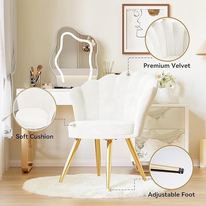 Hatchsun Velvet Accent Chair with Gold Metal Legs Shell Back Vanity Chair for Makeup Room Bedroom Living Room Beige Upholstered Guest Chair 26x31.6 Inches 260 lbs Capacity (White)
