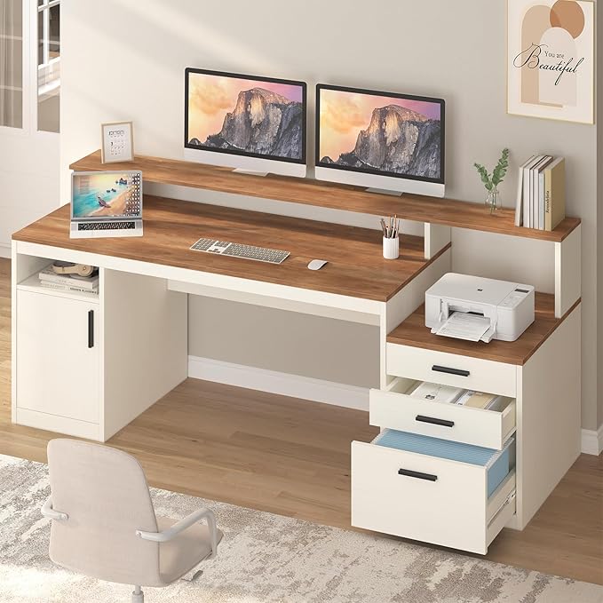 65 Inch Computer Desk with 3 Drawers &amp Storage Shelves Executive Desk with File Drawer &amp Cabinet Home Office Desk with Long Monitor Stand &amp Printer Shelf Antique White