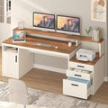 65 Inch Computer Desk with 3 Drawers &amp Storage Shelves Executive Desk with File Drawer &amp Cabinet Home Office Desk with Long Monitor Stand &amp Printer Shelf Antique White