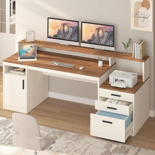65 Inch Computer Desk with 3 Drawers &amp Storage Shelves Executive Desk with File Drawer &amp Cabinet Home Office Desk with Long Monitor Stand &amp Printer Shelf Antique White