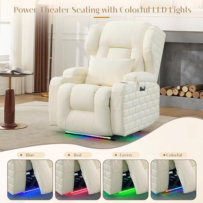 Wall Hugger Power Recliner Chair with Massage &amp Heat Electric Home Theater Reclining Chair with Cup Holder USB Port LED Light Faux Leather Living Room Chair (Beige White Single)