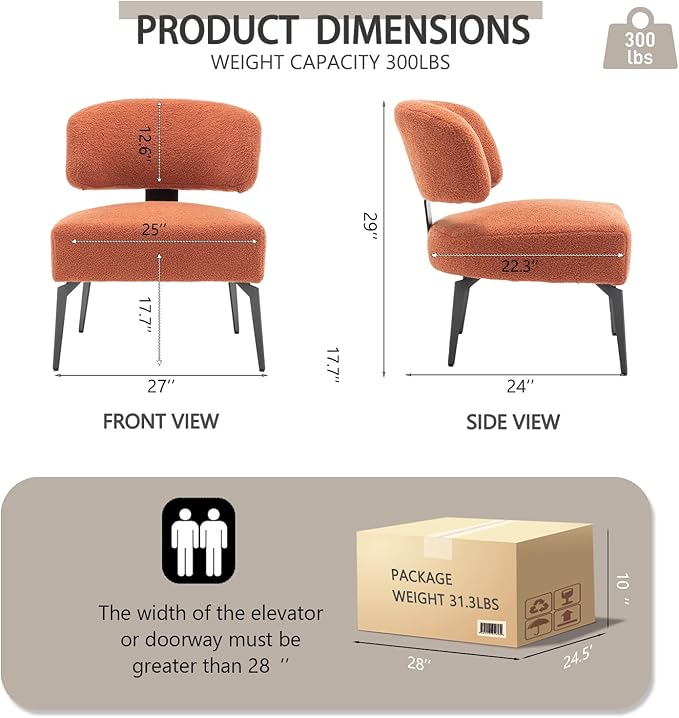 Modern Sherpa Accent Chair Round Boucle Upholstered Barrel Arm Chair for Small Spaces Fluffy Side Corner Sofa Chair for Living Room Bedroom Vanity Office Reading Room(Orange)