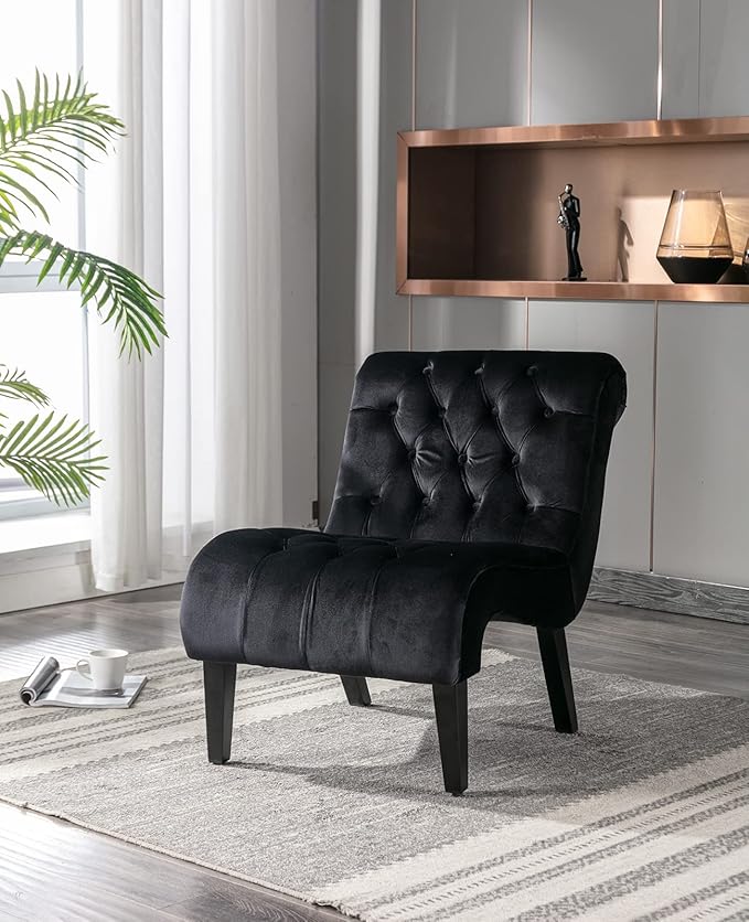 KINFFICT Velvet Accent Lounge Chair for Living Room Modern Leisure Chair with Tufted Backrest Indoor Armless Side Chair Upholstered Bedroom Sleeper Chairs with Solid Wood Legs