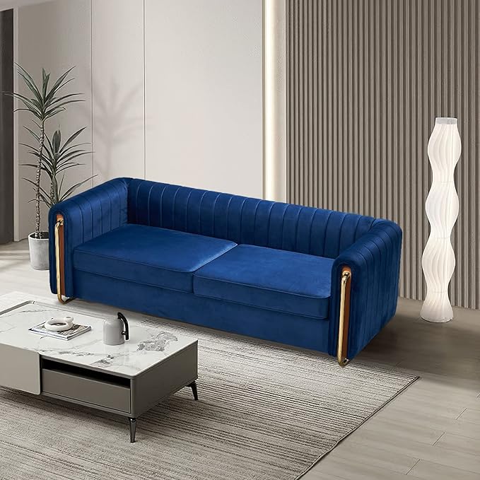 kevinplus 84.2'' Velvet Chesterfield Sofa Couch for Living Room Modern Luxury 3-Seat Upholstered Sofa Couch for Apartment Bedroom Dorm Office Strong Gold Metal Legs (Channel Backrest Blue)