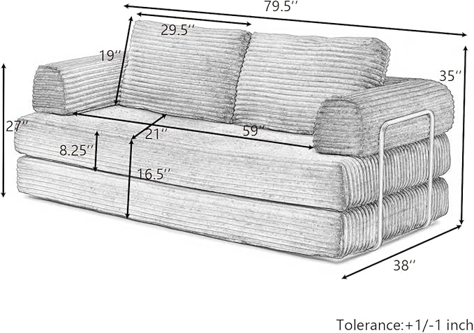 80” Convertible Sleeper Sofa Bed High Back Plush Corduroy Boneless Futon Loveseat with Pull Out Bed Fixed-Shape Folding Floor Mattress Couch No Assembly Required (Grey)