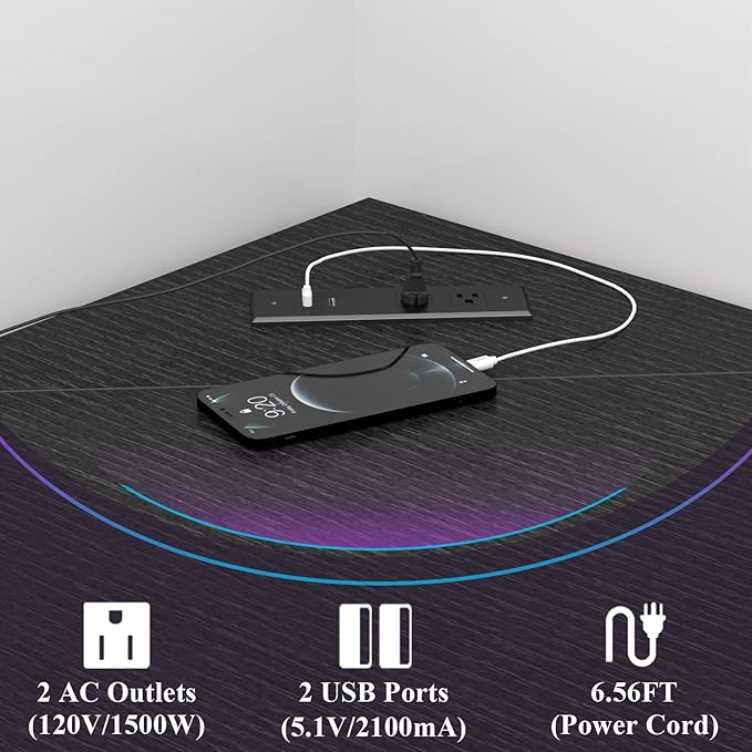 Auromie Corner Desk with Outlets &amp USB Ports 90 Degree Triangle Corner Table with CPU Stand &amp Storage Shelves for Small Space Computer Table with Charging Station for Home Office Bedroom (Bl