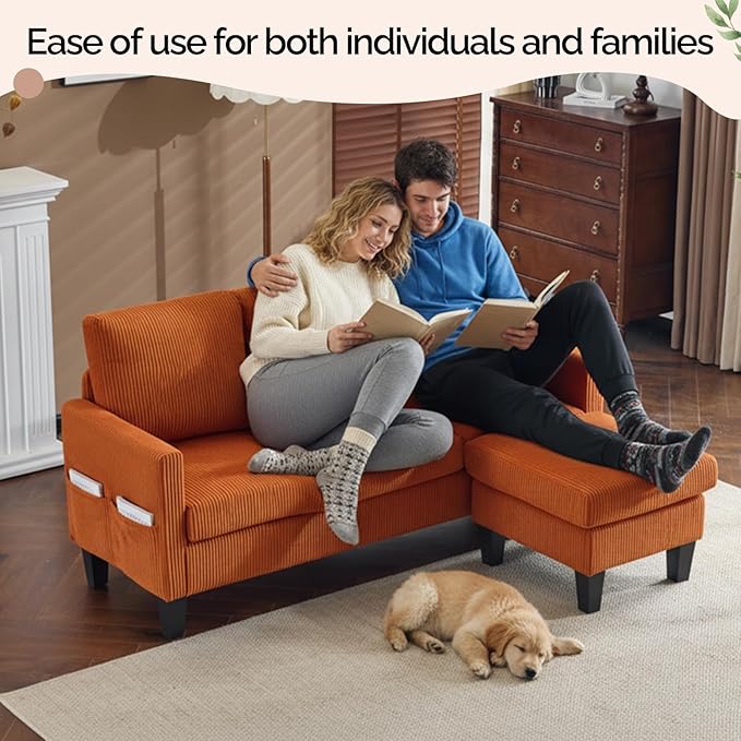 VINGLI 68.5' L Shaped Couch with Movable Storage Ottoman Convertible Sectional Sofa in Soft Corduroy Fabric Modern Reversible Chaise Couch for Small Spaces Apartment Living RoomOrange
