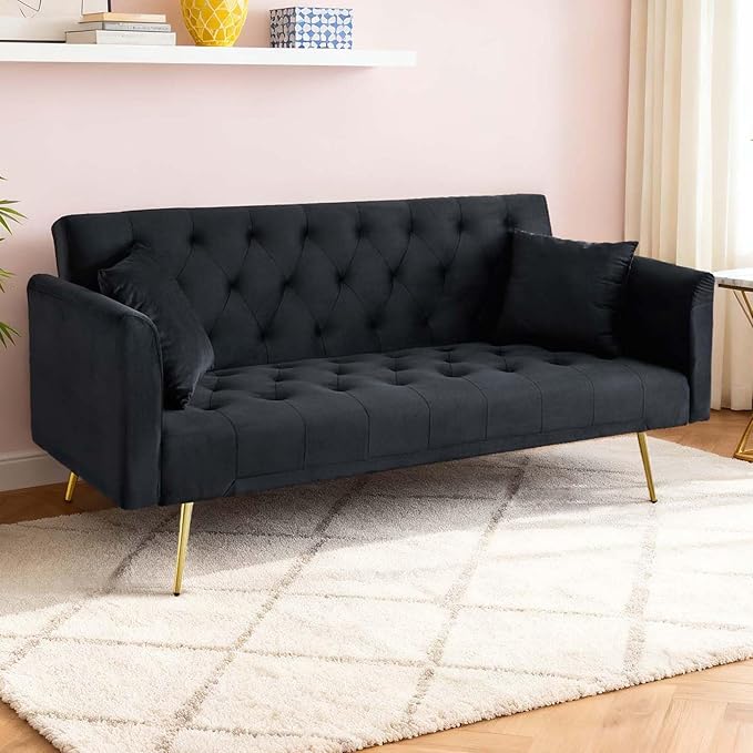 71Convertible Futon Sofa Bed - Modern Velvet Sleeper Couch with Adjustable Backrest Tufted Recliner with Golden Chrome Legs &amp 2 Pillows Perfect for Small Spaces Living Room &amp Apartment (Bl