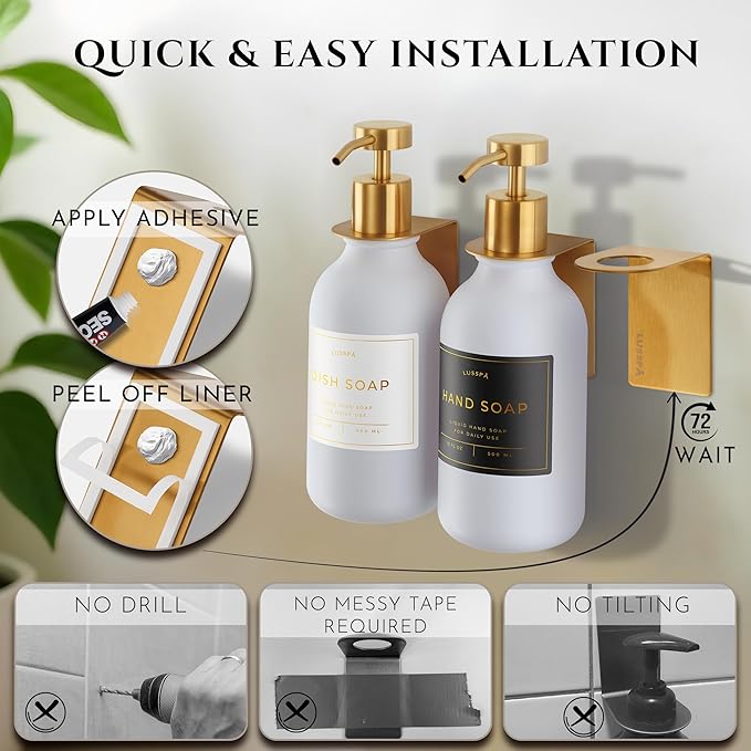 Shower Shampoo Dispenser Wall Mounted – 3 Refillable 16.9 oz White Bottles with Stainless Steel Pumps &amp No-Drill Adhesive Holders – Soap Dispenser Set for Bathroom (3 X White/Gold)