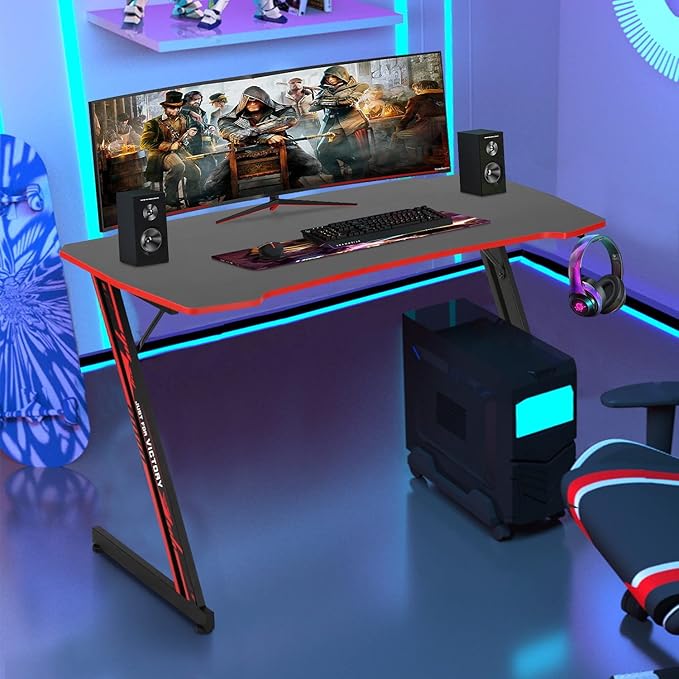 BestOffice Gmaing Desk Z Shaped 47 inch PC Computer Desk Computer Workstation Ergonomic Gaming Table with Headphone Hook for Game Players Red