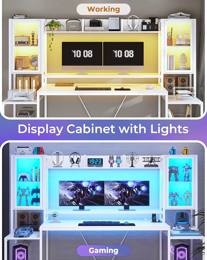 SEDETA Gaming Desk 74.8'' with LED Lights Hutch and Storage Shelves Computer Desk with Monitor Stand Large PC Gamer Desk Workstation Ergonomic Gaming Table for Bedroom Living Room White