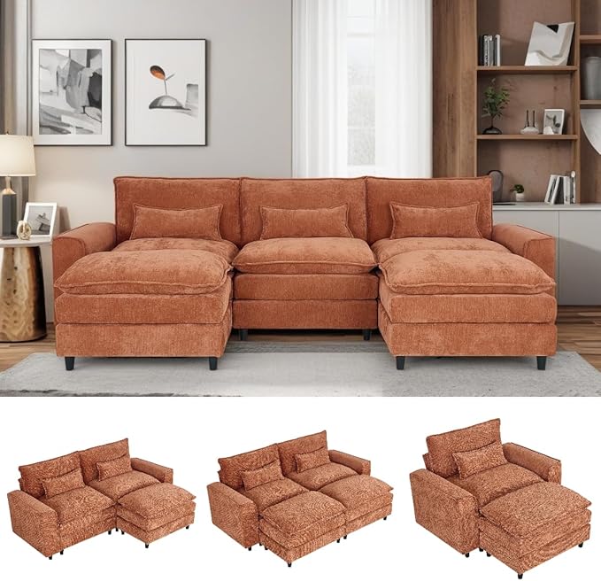U Shaped Modular Cloud Couch Convertible Sectional Couches Sofa with 2 Ottoman 3 Seater Modular Sectional Deep Seat Sofa for Living Room Apartment Orange Brown