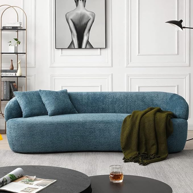 Curved Sofa Couch 86.6 3-Seater Modern Boucle Sectional Sofa Couch Comfy Cloud Upholstered 3 Seat Leisure Cushion Sofa with Pillows for Living Room Bedroom Office ApartmentNavy Blue
