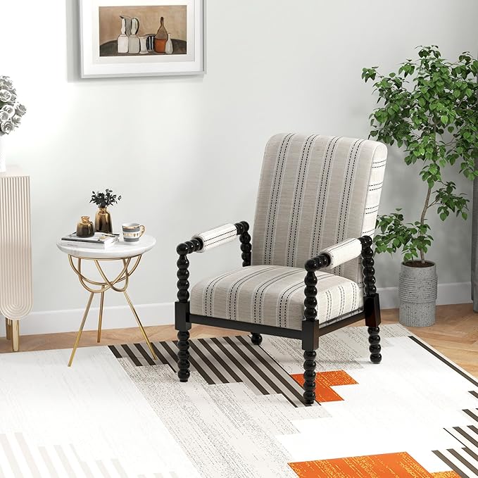 Giantex Mid Century Modern Spindle Accent Chair Upholstered Armchair w/Rubber Wood Frame Ergonomic Backrest &amp Fabric Covered Armrests Comfy Single Sofa Chair for Reading Living Room Bedroom