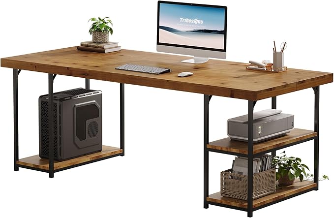 Tribesigns 71-Inch Solid Wood Long Desk with Shelves Industrial Home Office Desk Large Executive Office Computer Table Writing Gaming Workstation for Office Living Room Light Brown &amp Black