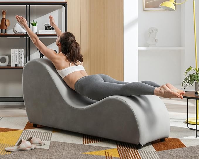 BALUS 60.6 Width Yoga Chaise Lounge Chair for Living Room Relaxing S-Shape Yoga Sofa Chair for Adults Office Yoga Stretching Velvet Yoga Chaise Lounges Indoor for Apartment Exercising Light Grey