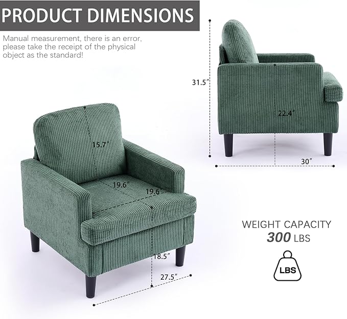 Modern Accent Chair Cozy Living Room Chairs Mid Century Modern Accent Chairs Reading Chair with Armrests for Living Room Bedroom and Study（Green）