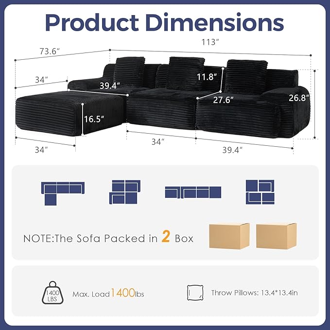 VK·LIVING 113 Cloud Sectional Couch Deep Seat Boneless Sofa with Wide Armrests 16.5'' Height Modular Plush Corduroy Memory Foam Couch for Living Room Office No Assembly Black