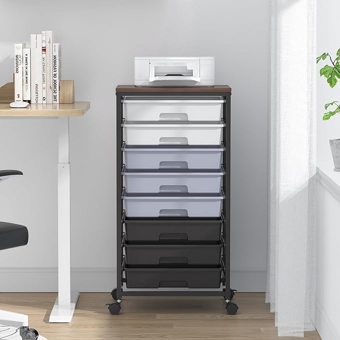Rolling Cart with DrawersUtility Cart With 8 Drawers and Wooden Tabletop for Living RoomClassroomBedroomBathroomDormOfficeDark Grey