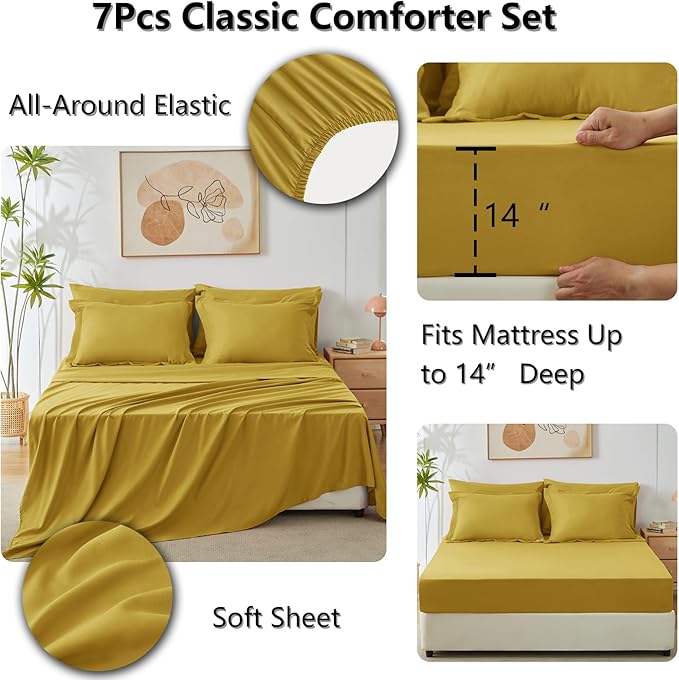 CozyLux King Size Comforter Set Mustard Yellow - 7 Pieces Bed in a Bag King Luxury Soft Bed Set for All Seasons Bedding Set with Down Alternative Comforter Sheets Pillowcases &amp Shams
