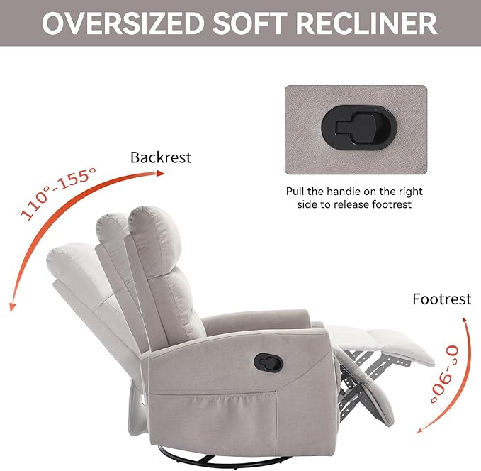 KEIKI Swivel Rocker Recliner Chair with Adjustable Backrest &amp Pockets Ergonomic Lounge Sofa Chair for Living Room Bedroom Khaki