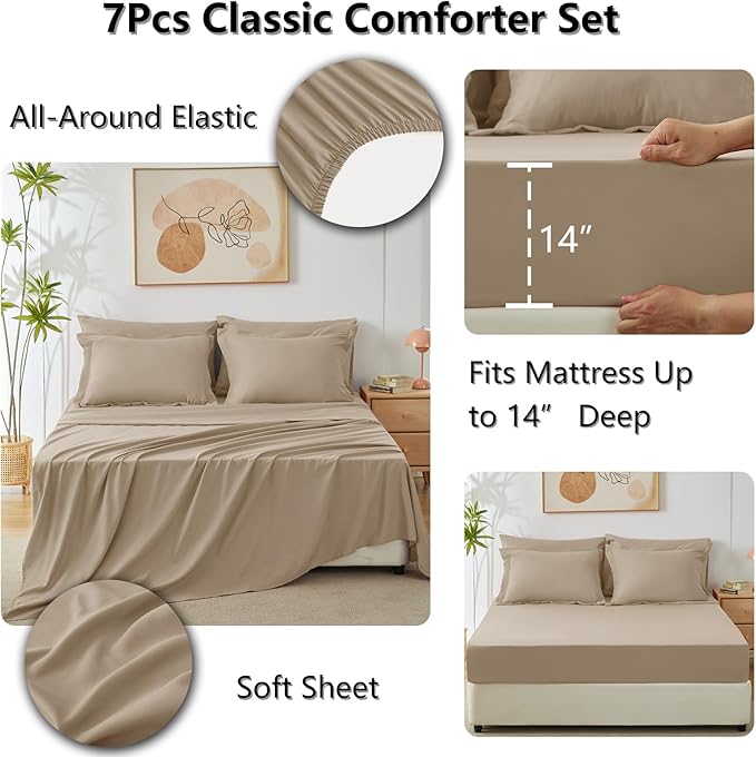 CozyLux Full Size Comforter Sets Taupe - 7 Pieces Bed in a Bag Full Luxury Soft Bed Set for All Seasons Bedding Set with Down Alternative Comforter Sheets Pillowcases &amp Shams