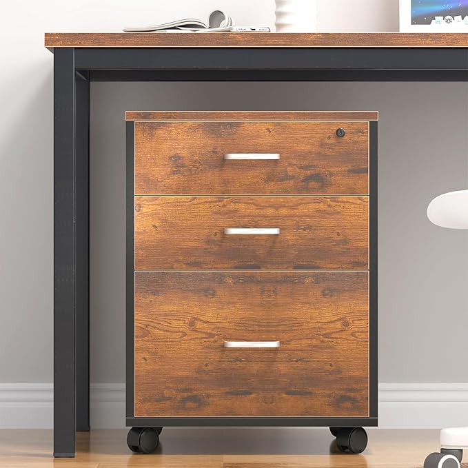 Need 3 Drawer Wood Mobile File Cabinet with LockRolling Filing Cabinet for Letter/A4 Size for Home OfficeRustic Brown ND-10CZLXFC04FG