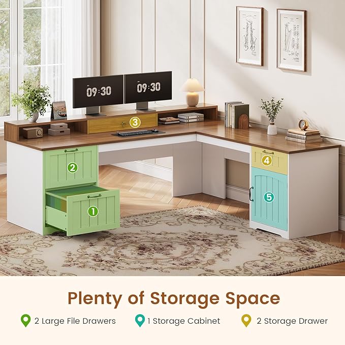 SEDETA Farmhouse L Shaped Desk with Drawers 63 Office Desk with File Drawers Wood Corner Computer Desk with Storage Home Office Desk with Monitor Stand and Storage Cabinet Brown and White
