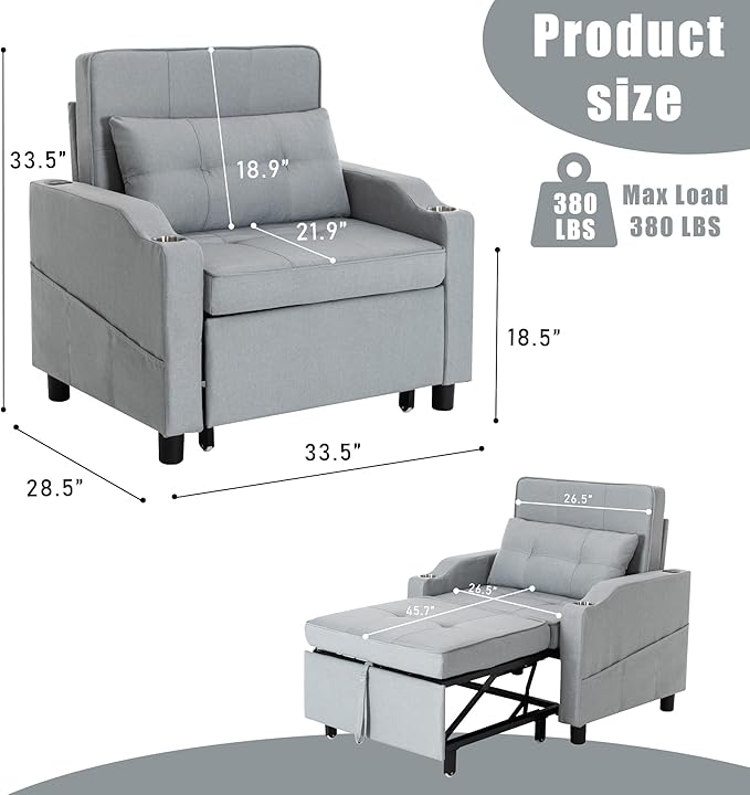 Sleeper Chair 5-in-1 Convertible Chair Bed Pull Out Adjustable Single Armchair Sofa Bed with USB PortsSide PocketCup Holder (Grey)