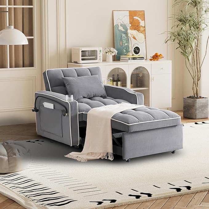 3 in 1 Sleeper Chair BedVelvet Convertible Sleeper SofaPull Out Bed Chair with USB Port &amp Ashtray and Swivel Phone Stand &amp Storage PocketsModern Sofa for Living Room