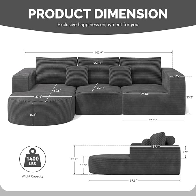 Boneless Couches for Living RoomCloud Sectional Couch with L-Shape ChaiseModern Modular Sofa with Deep Seat Upholstered Comfy Couches for BedroomNo Assembly Required1PCS