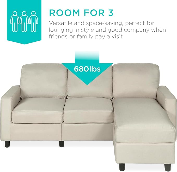 Best Choice Products Upholstered Sectional Sofa for Home Apartment Dorm Bonus Room Compact Spaces w/Chaise Lounge 3-Seat L-Shape Design Reversible Ottoman Bench 680lb Capacity - Beige
