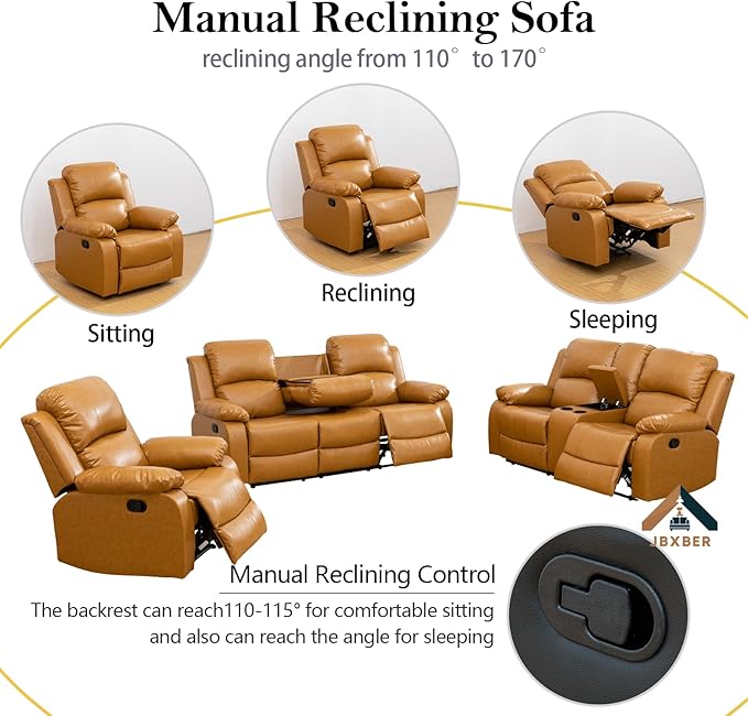 Manual Recliner Sofa Set for Living Room Leather Reclining Sofa Sets Faux Leather Couch Set with Cup Holders Drop-Down Table and Storage Console(LoveseatGinger)