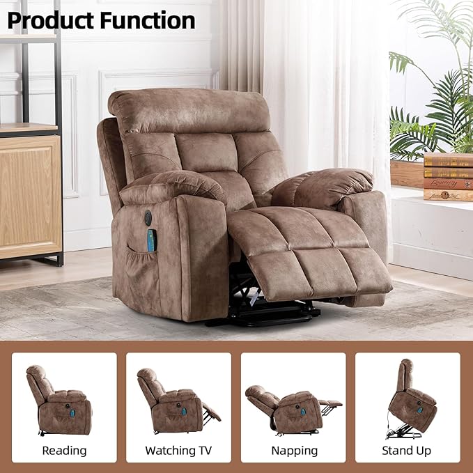 CANMOV Large Power Lift Recliner Chair with Massage and Heat for Elderly Big and Tall People Overstuffed Wide Recliners with 2 Cup Holders Side Pocket and USB Port Camel