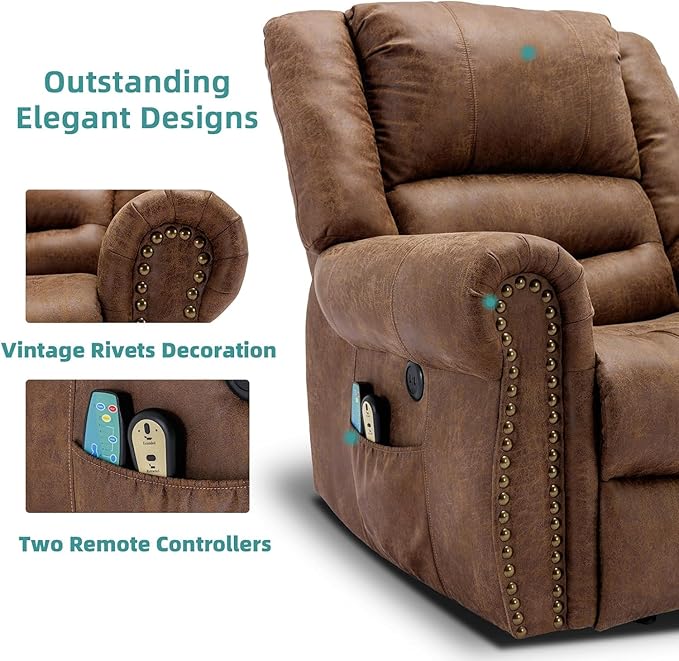 MEETWARM Large Power Lift Electric Recliner Chair with Massage and Heat Overstuffed Wide Recliner for Elderly Heavy Duty Recliner for Living Room with 2 Remote Controls/Side Pockets/USB Ports(Brown)