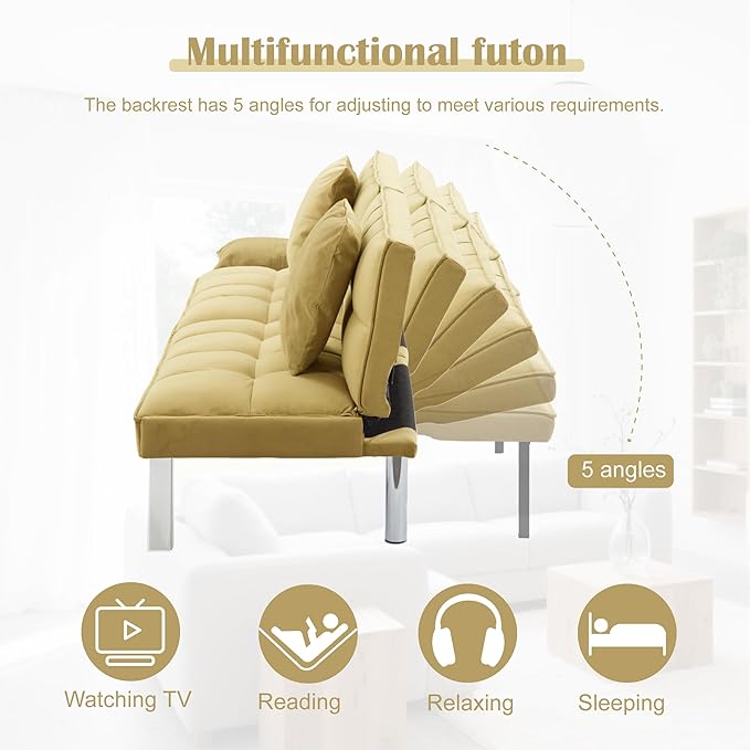 68 Modern Sofa Bed FutonConvertible Sleeper Bed Couch with 4 Reclining BackrestComfy Velvet Cloud Sofa Loveseat for Living Room Bedroom Office (Yellow)
