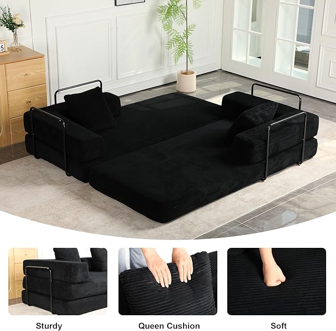 Convertible Sleeper Sofa Bed Compression Folding Sofa with Pillow No Assembly Required Shape Frame Floor Sofas Lounge Couch for Living Room Bedroom Small Spaces(Corduroy 77''W Black)